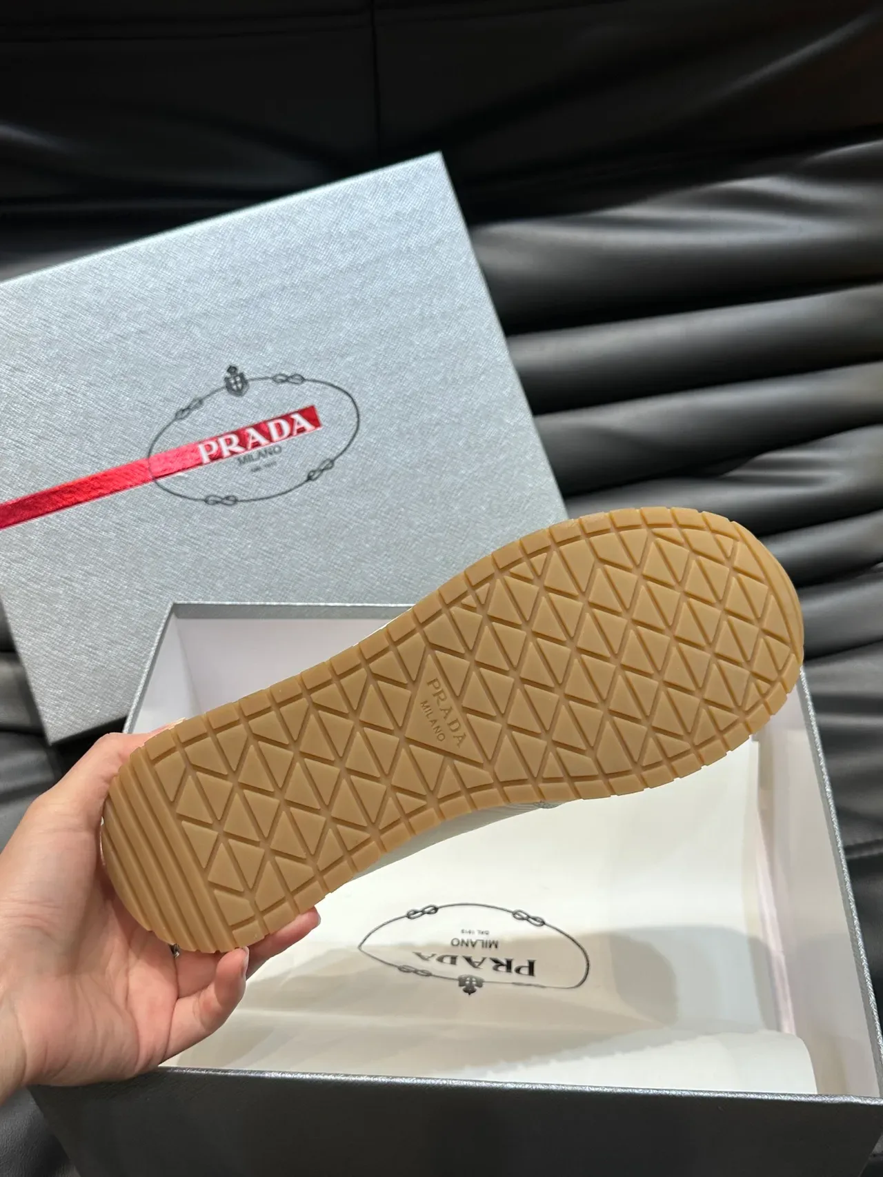Prada White Gold Pebbled Leather Upper Triangular Logo Lifestyle Sneakers 2
