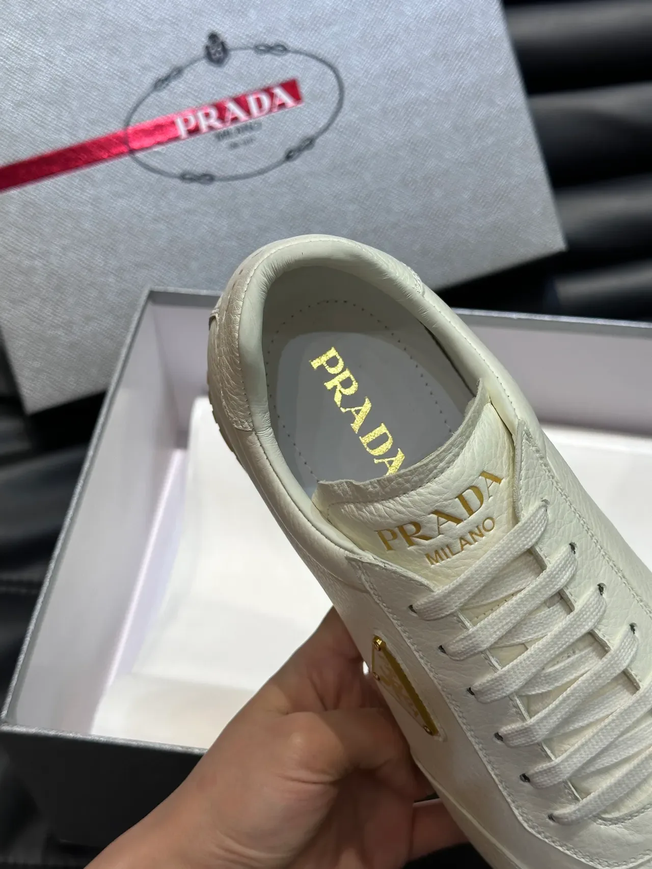 Prada White Gold Pebbled Leather Upper Triangular Logo Lifestyle Sneakers 3