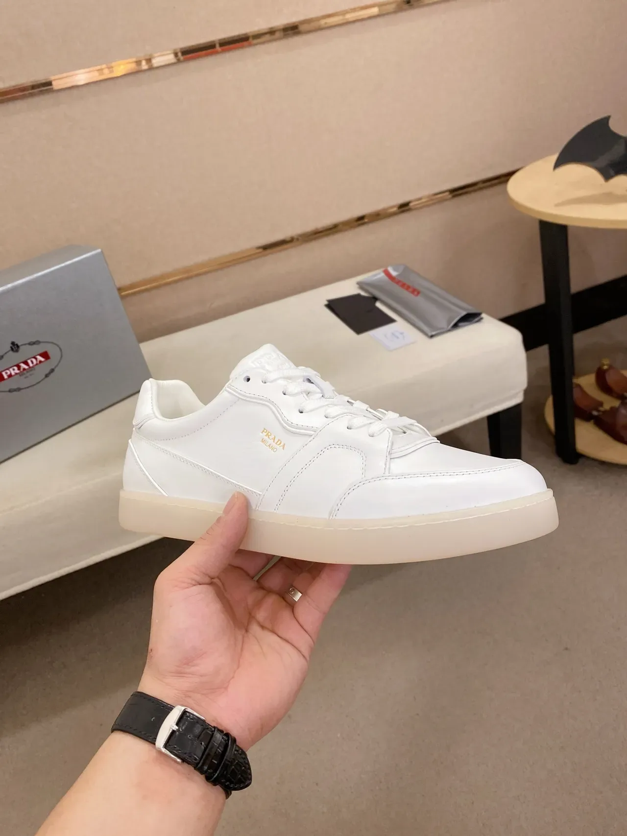 Prada White Paneled Leather Lifestyle Sneaker 4
