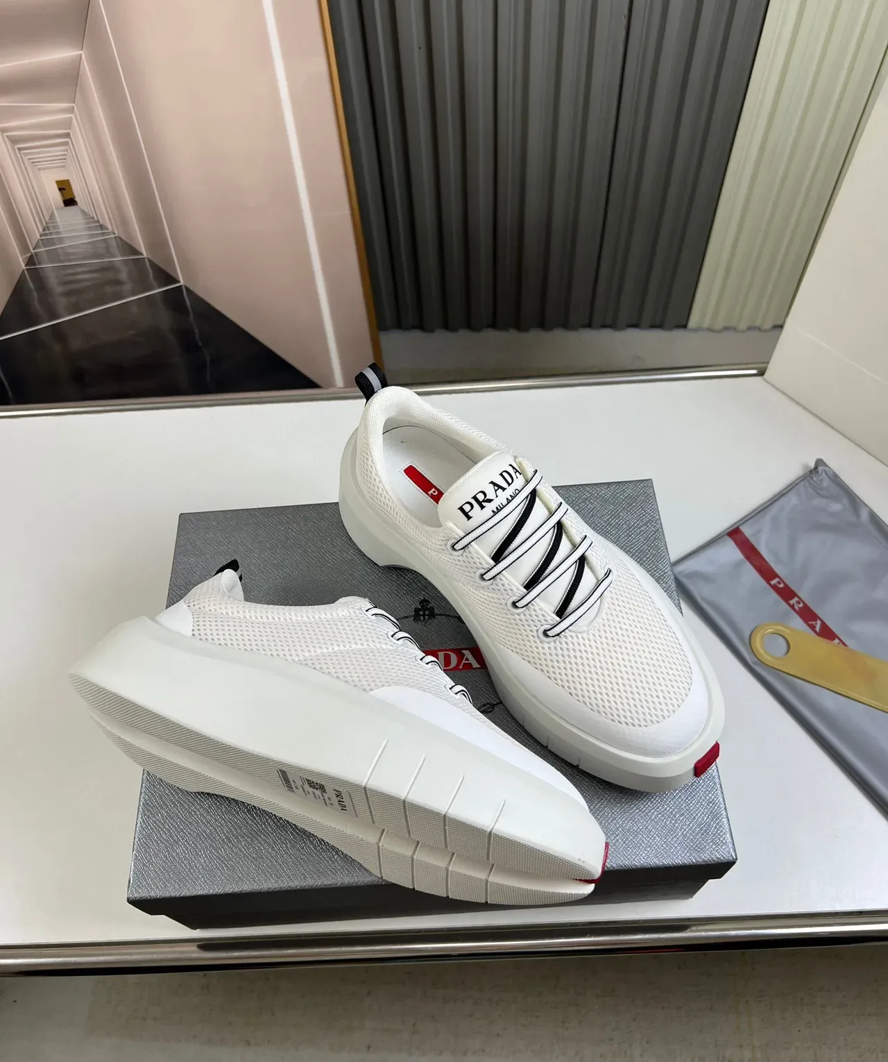 Prada White Red Mesh Upper Platform Sole Chunky Sneakers 5