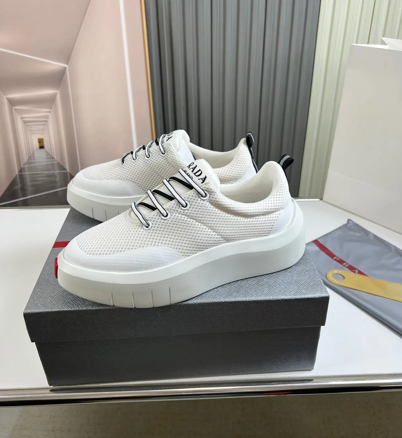 Prada White Red Mesh Upper Platform Sole Chunky Sneakers 8