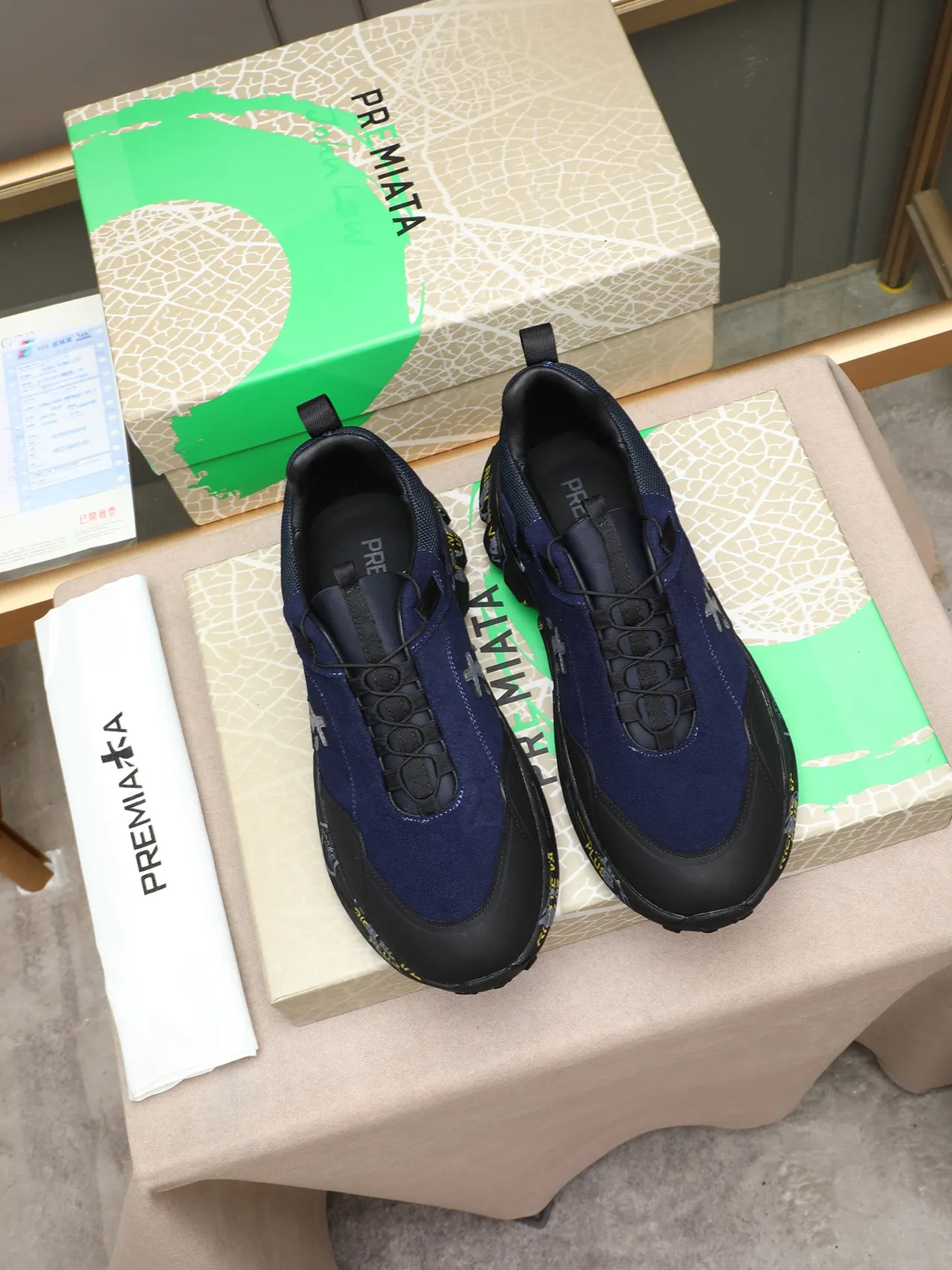 Premiata Navy Black Laceless Strap Closure Sculpted Rubber Midsole Chunky Sneakers 2