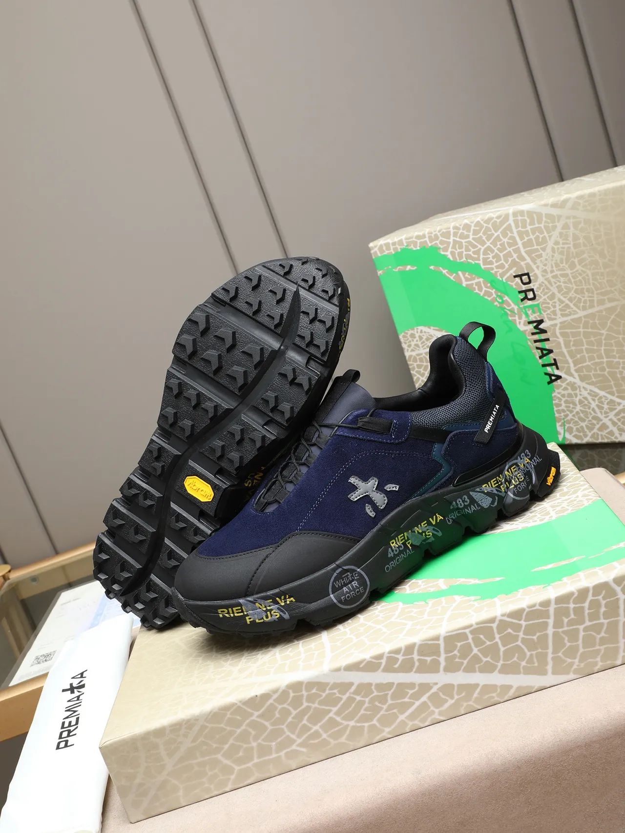 Premiata Navy Black Laceless Strap Closure Sculpted Rubber Midsole Chunky Sneakers 4