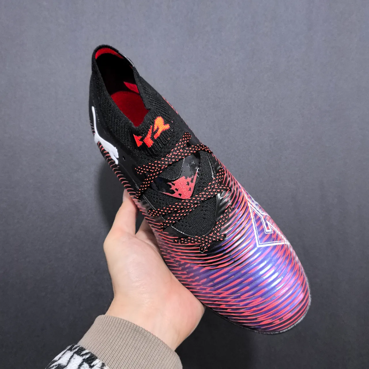 Puma Future Z Preto Laranja Meia Ajustada Colar Tricotado Texturizado Iridiscente Antepé Solo Firme Sapatos de Futebol 6