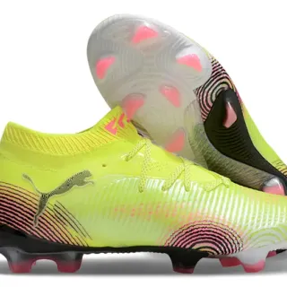 Puma Yellow Pink Ribbed Synthetic Upper Sock-Fit Collar Firm-Ground Soccer Shoes