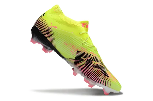 Puma Amarelo Rosa Parte superior sintética ribeteada Colar tipo meia Solo firme Sapatos de futebol 2