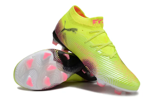 Puma Amarelo Rosa Parte superior sintética ribeteada Colar tipo meia Solo firme Sapatos de futebol 4