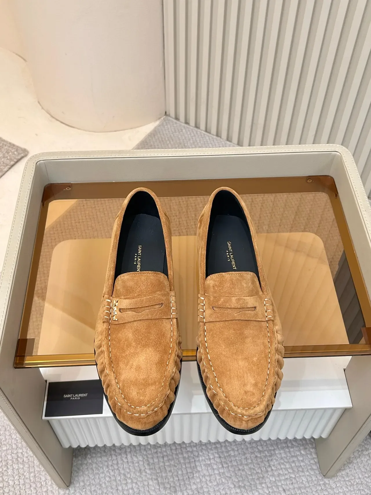 Saint Laurent Loafer Marrom Preto Camurça Plissada Vamp Loafer 5