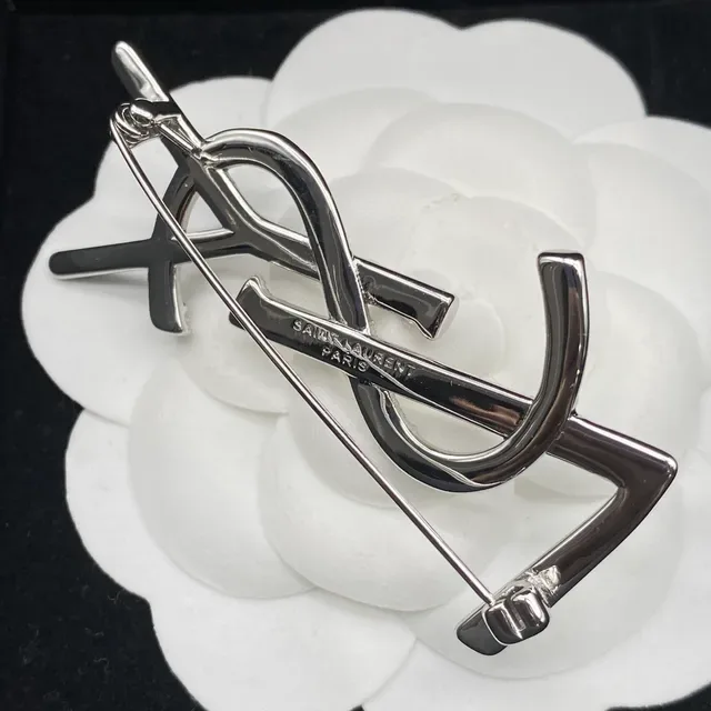Saint Laurent Monogram Brooch Black Silver Crystal Brooches 2