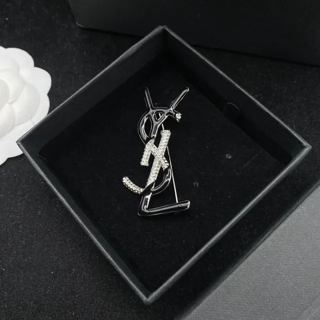 Saint Laurent Monogram Brooch Black Silver Crystal Brooches 3