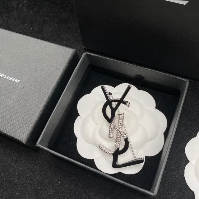 Saint Laurent Monogram Brooch Black Silver Crystal Brooches 4
