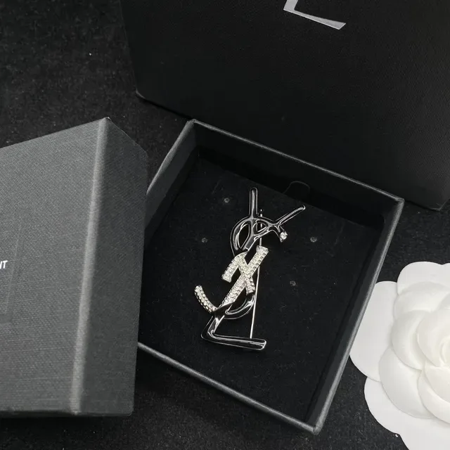 Saint Laurent Monogram Brooch Black Silver Crystal Brooches 5