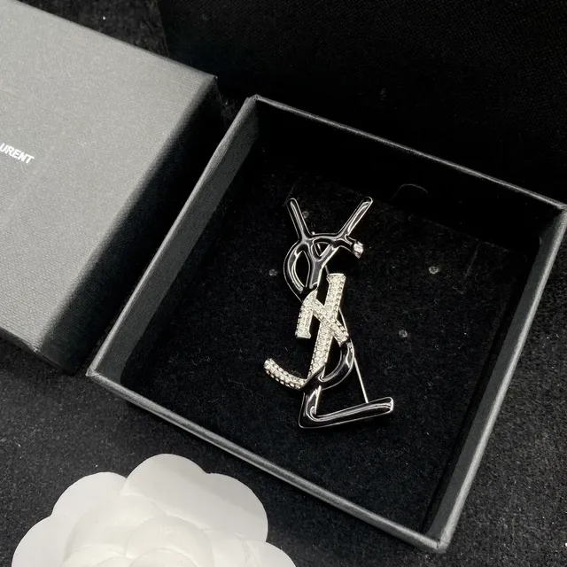 Saint Laurent Monogram Brooch Black Silver Crystal Brooches 6