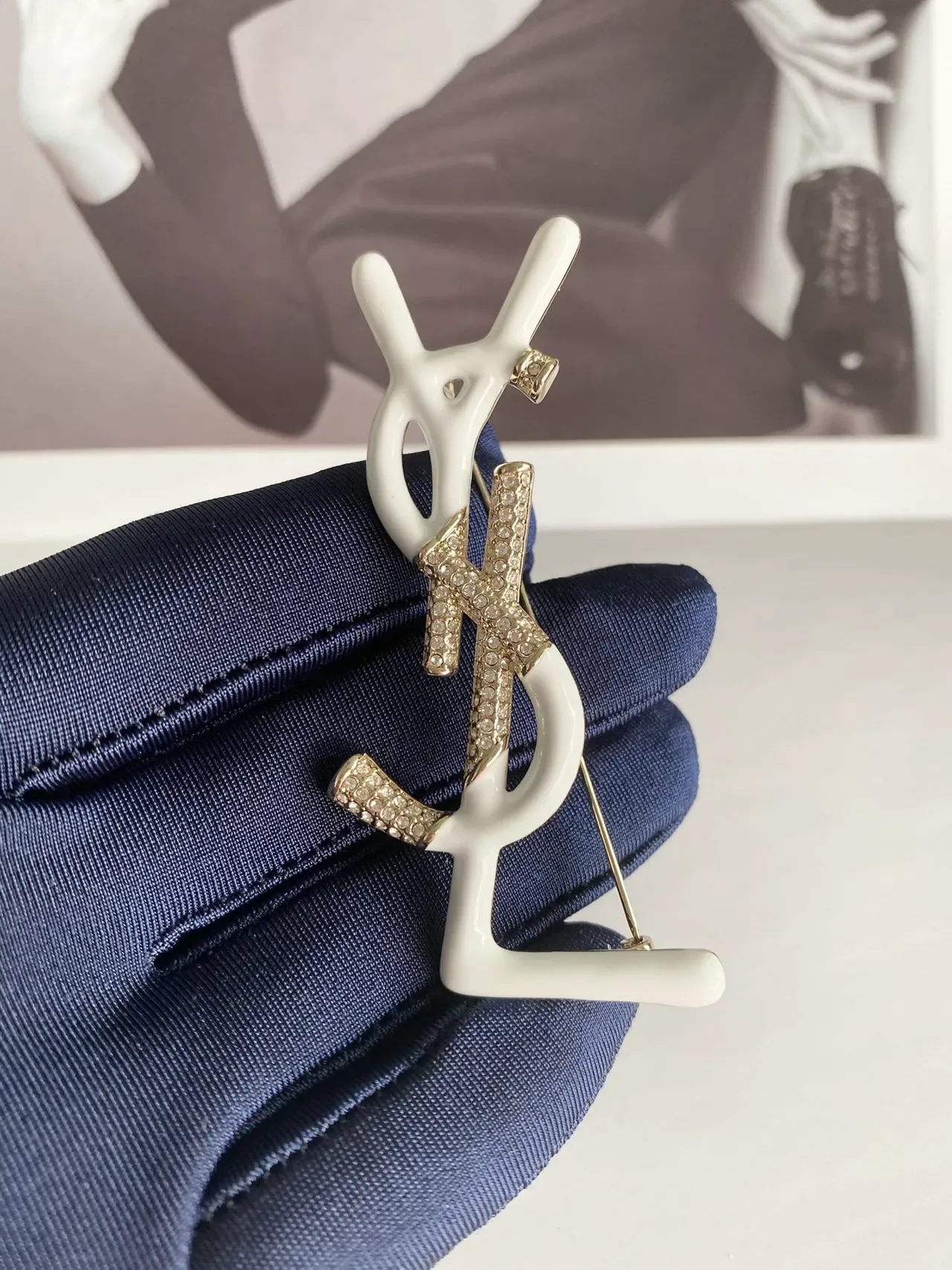 Saint Laurent Monogram Brooch White Enamel Crystal Embellished Brooch 2