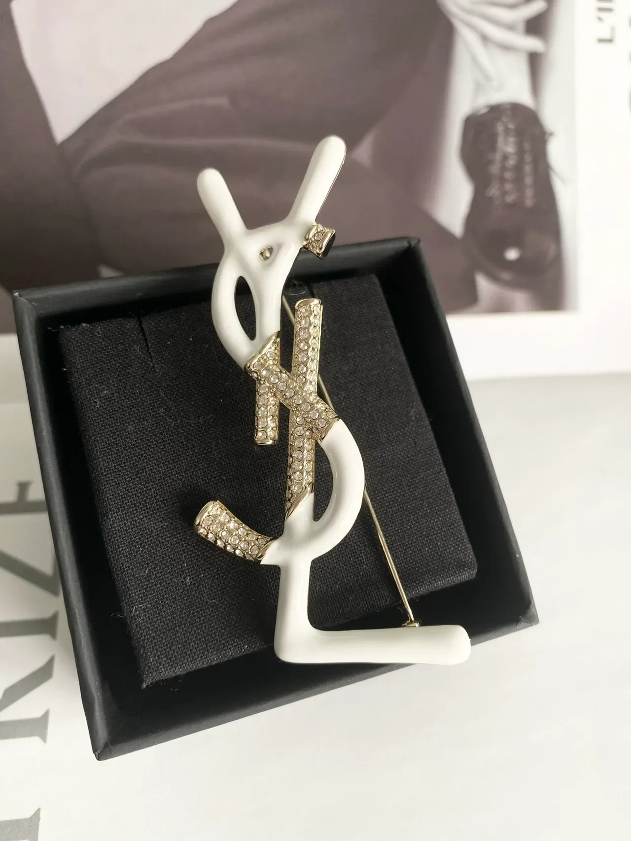 Saint Laurent Monogram Brooch White Enamel Crystal Embellished Brooch 3