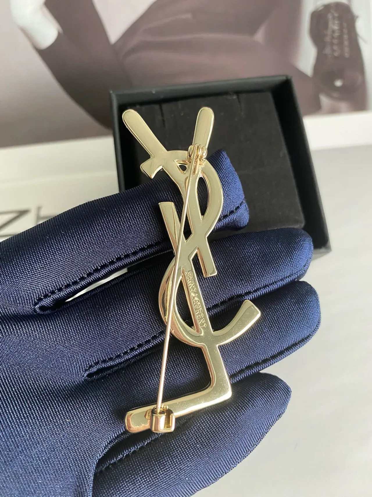 Saint Laurent Monogram Brooch White Enamel Crystal Embellished Brooch 4