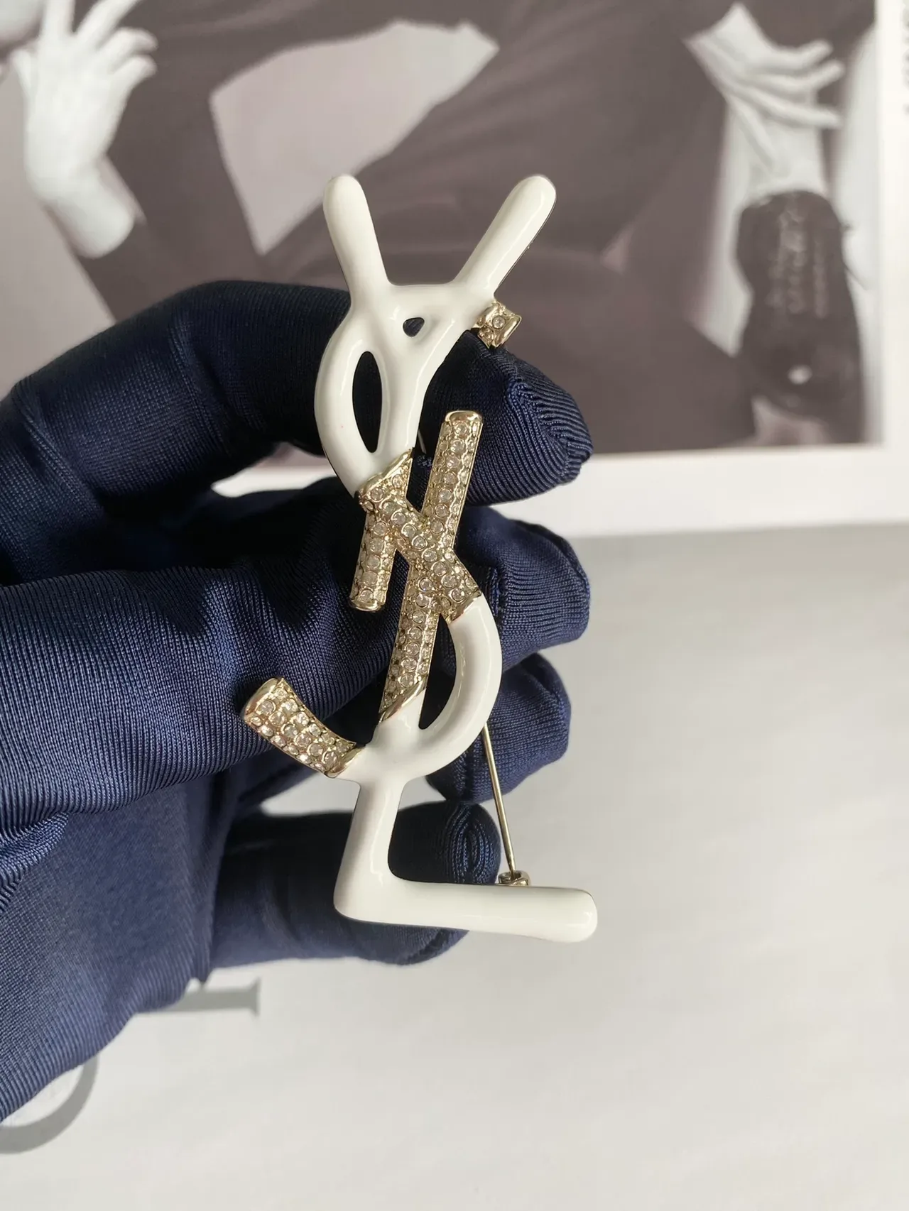 Saint Laurent Monogram Brooch White Enamel Crystal Embellished Brooch 5