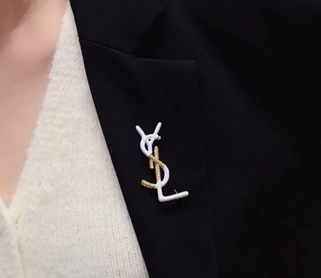 Saint Laurent Monogram Brooch White Enamel Crystal Embellished Brooch 6