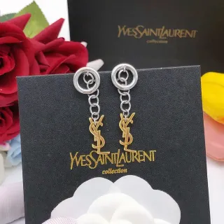 Saint Laurent Monogram Chain-Dangle चांदी सोना डबल-रिंग स्टड ईयरिंग्स