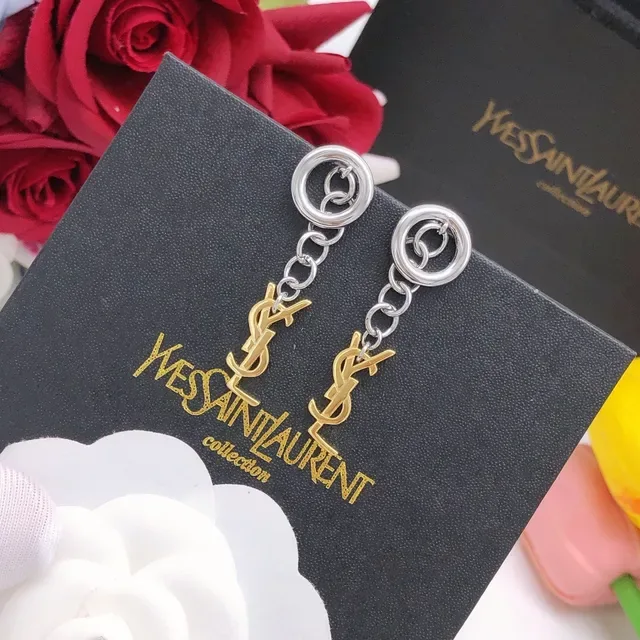 Saint Laurent Monogram Chain-Dangle রূপা সোনা ডাবল রিং স্টাড ইয়ারিংস 8