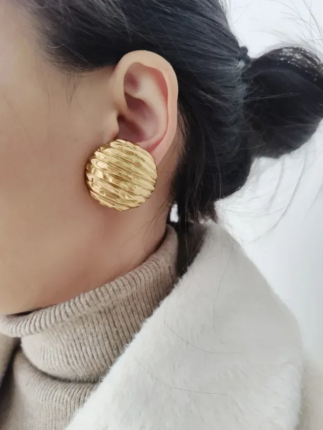 Saint Laurent Textured Ribbed Gold Spherical Earrings 2