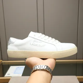 Saint Laurent White Beige Leather Embroidered Logo Lifestyle Sneakers