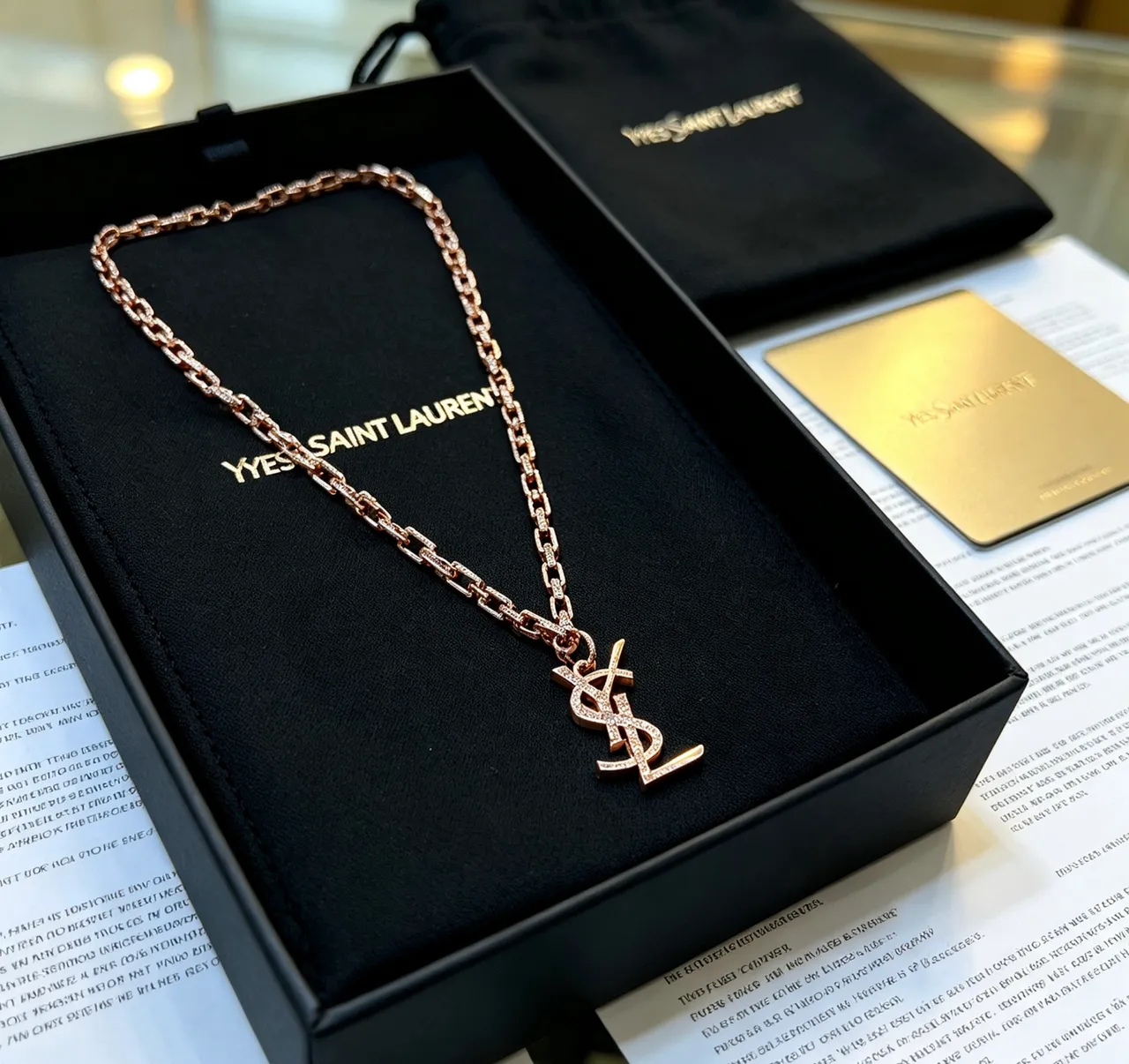 Saint Laurent YSL Chain Necklace Rose Gold Pavé Crystal Necklace 2