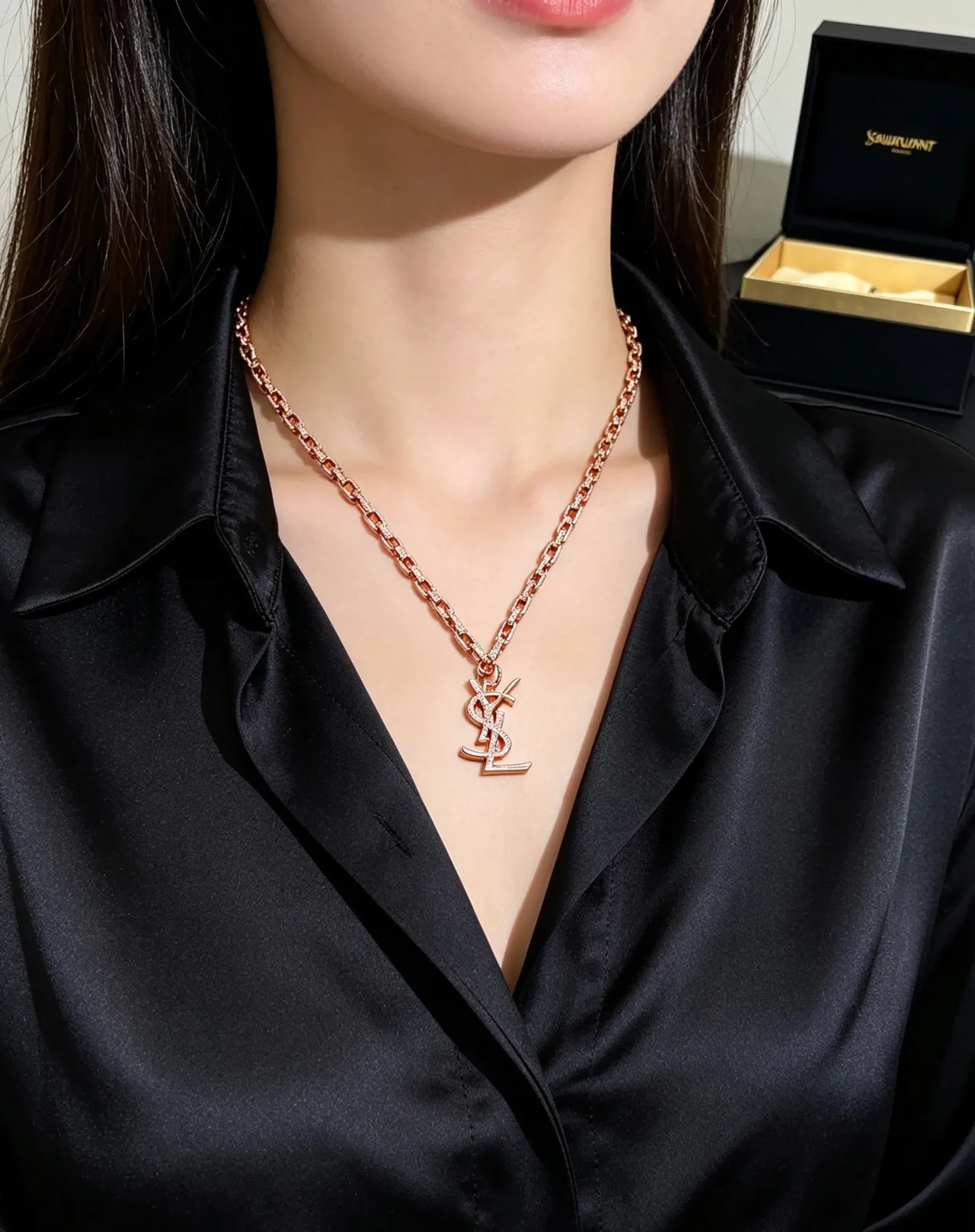 Saint Laurent YSL Chain Necklace Rose Gold Pavé Crystal Necklace 3