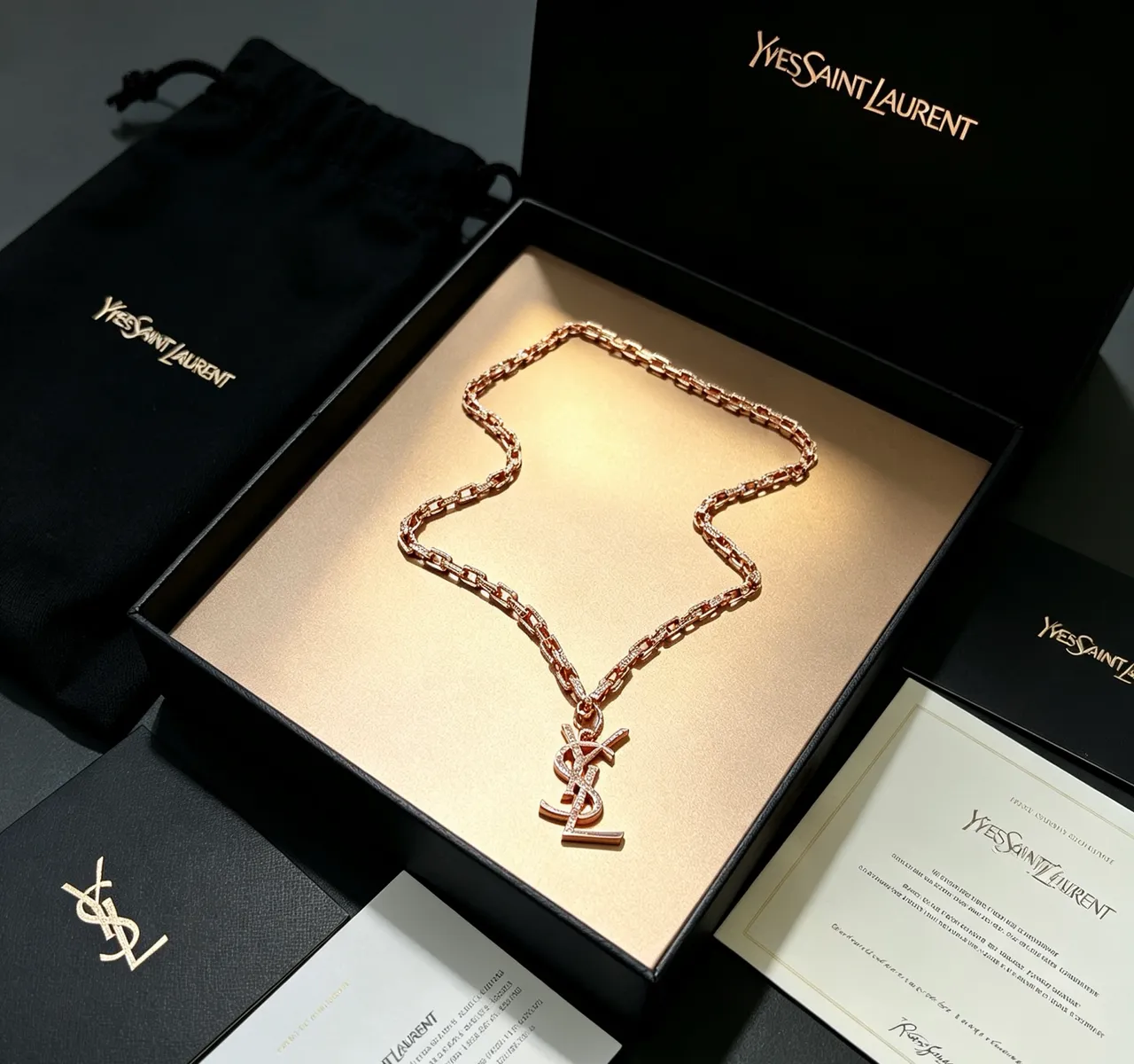 Saint Laurent YSL Chain Necklace Rose Gold Pavé Crystal Necklace 4