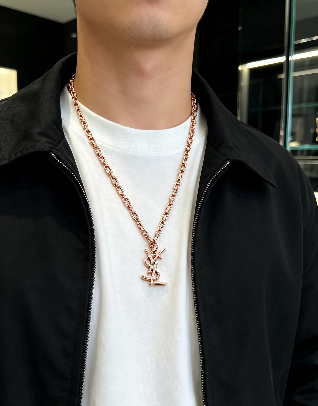 Saint Laurent YSL Chain Necklace Rose Gold Pavé Crystal Necklace 5