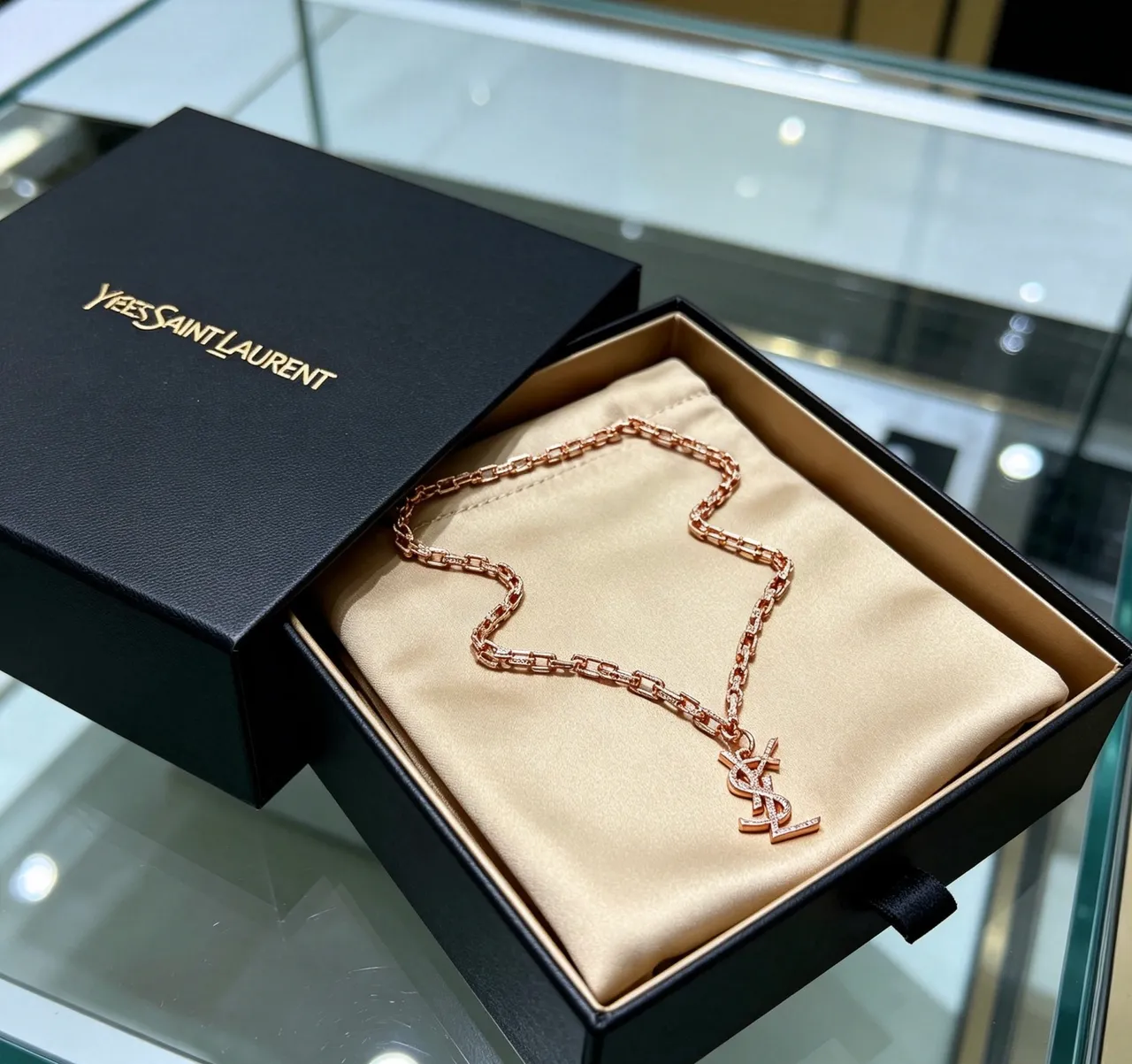 Saint Laurent YSL Chain Necklace Rose Gold Pavé Crystal Necklace 6