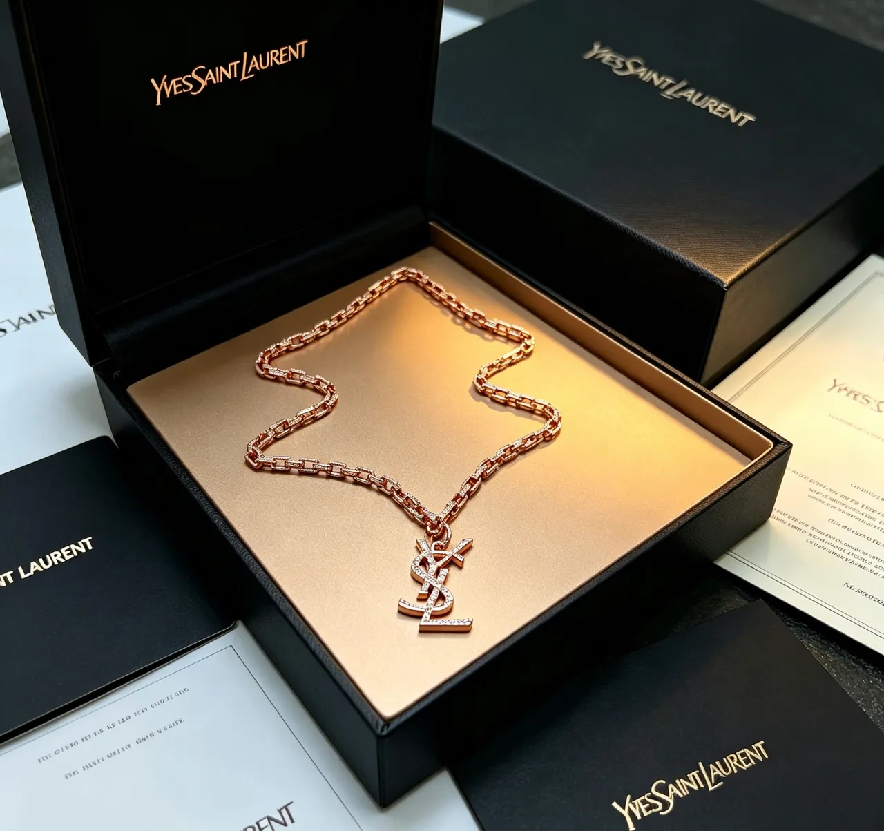 Saint Laurent YSL Chain Necklace Rose Gold Pavé Crystal Necklace 7