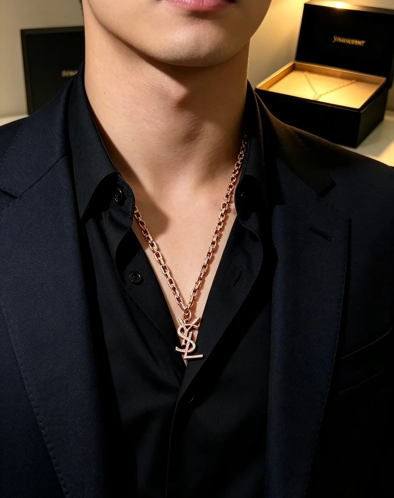 Saint Laurent YSL Chain Necklace Rose Gold Pavé Crystal Necklace 8