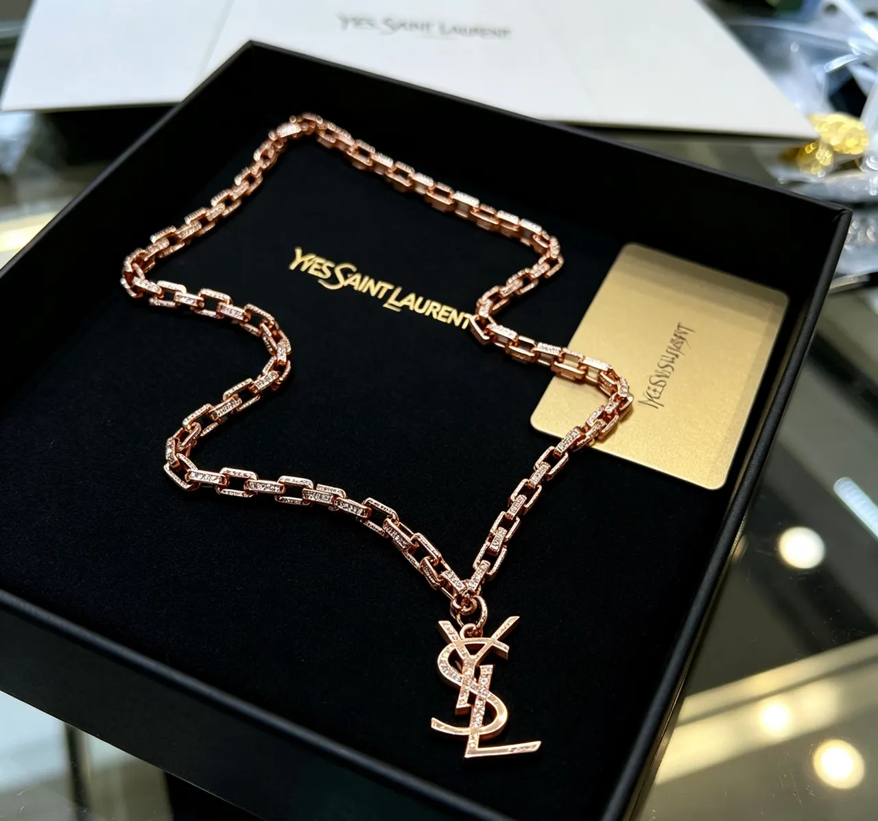 Saint Laurent YSL Chain Necklace Rose Gold Pavé Crystal Necklace 9