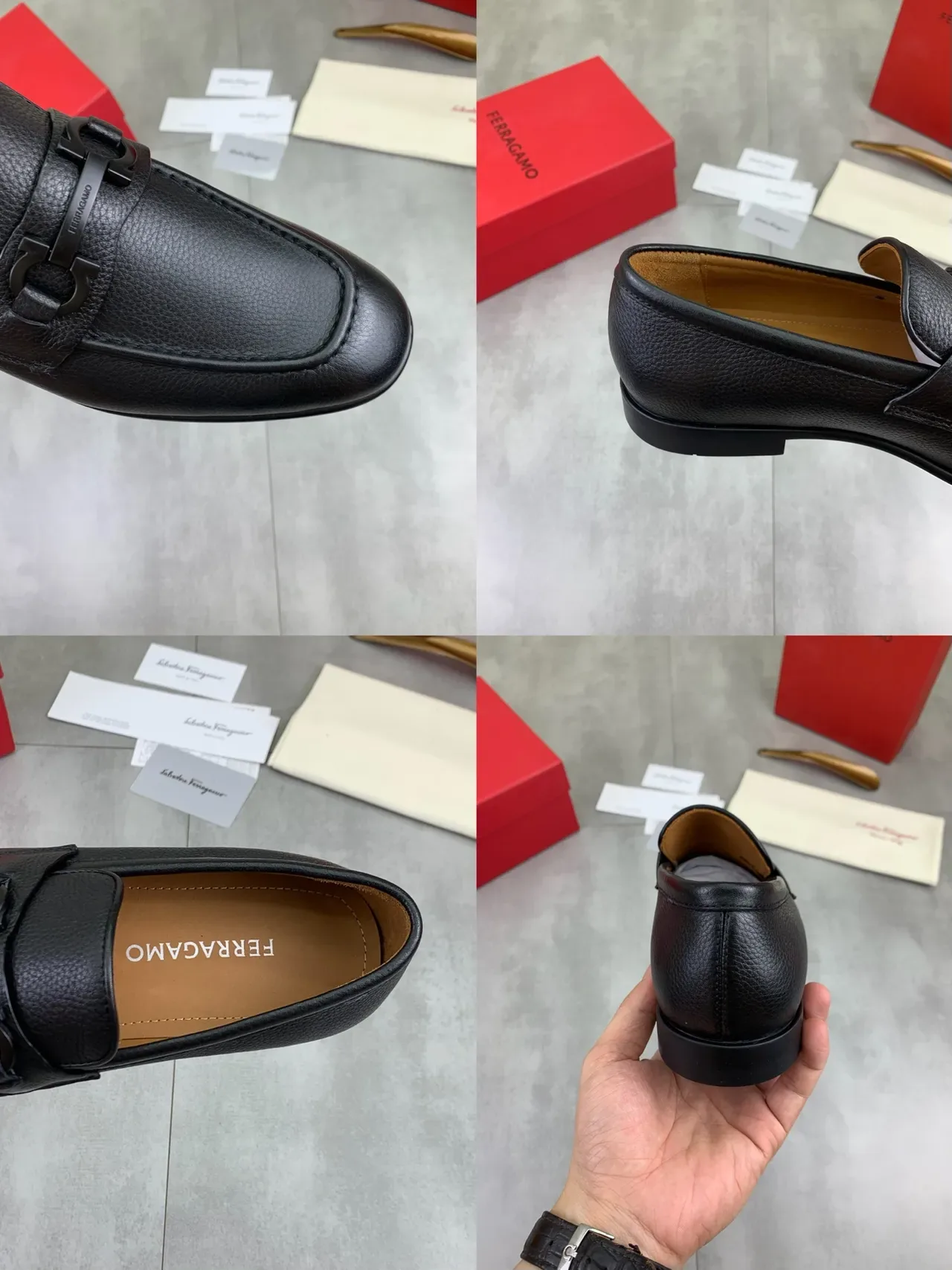 Salvatore Ferragamo Gancini Loafer Black Pebbled Leather Square Toe Loafers 2