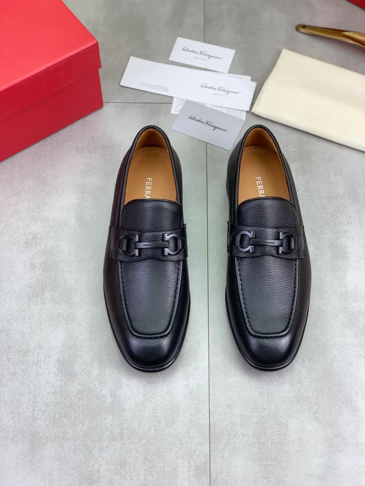 Salvatore Ferragamo Gancini Loafer Black Pebbled Leather Square Toe Loafers 4