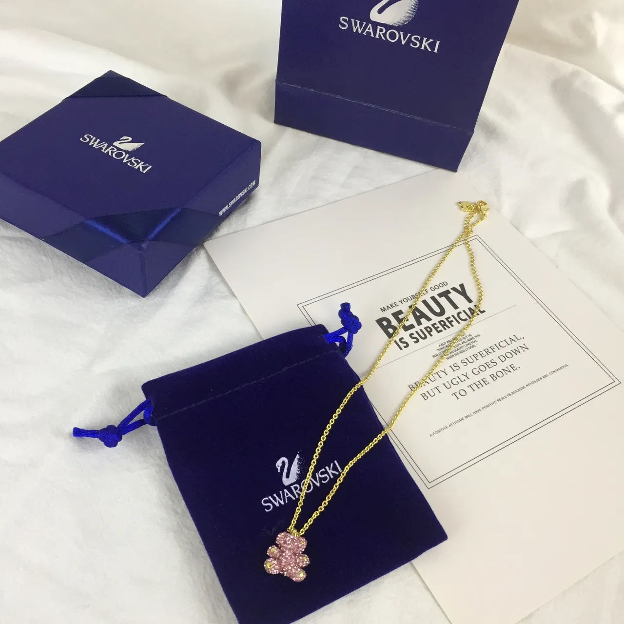 Swarovski Urso de Pelúcia Cristal Rosa Colar Dourado 4
