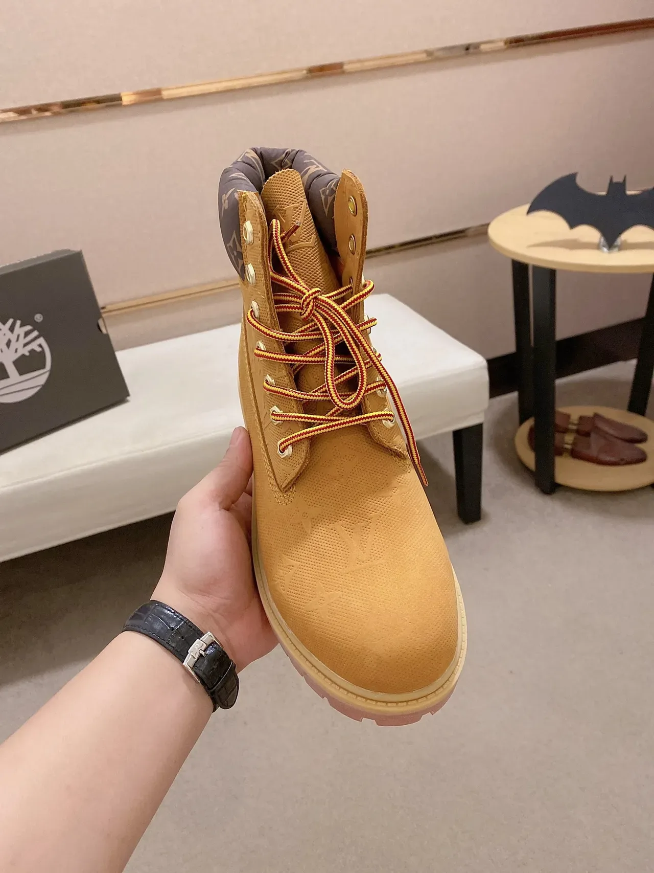 Timberland Bottes de Travail Beige Rose Col Rembourré Textil Monogrammé 6