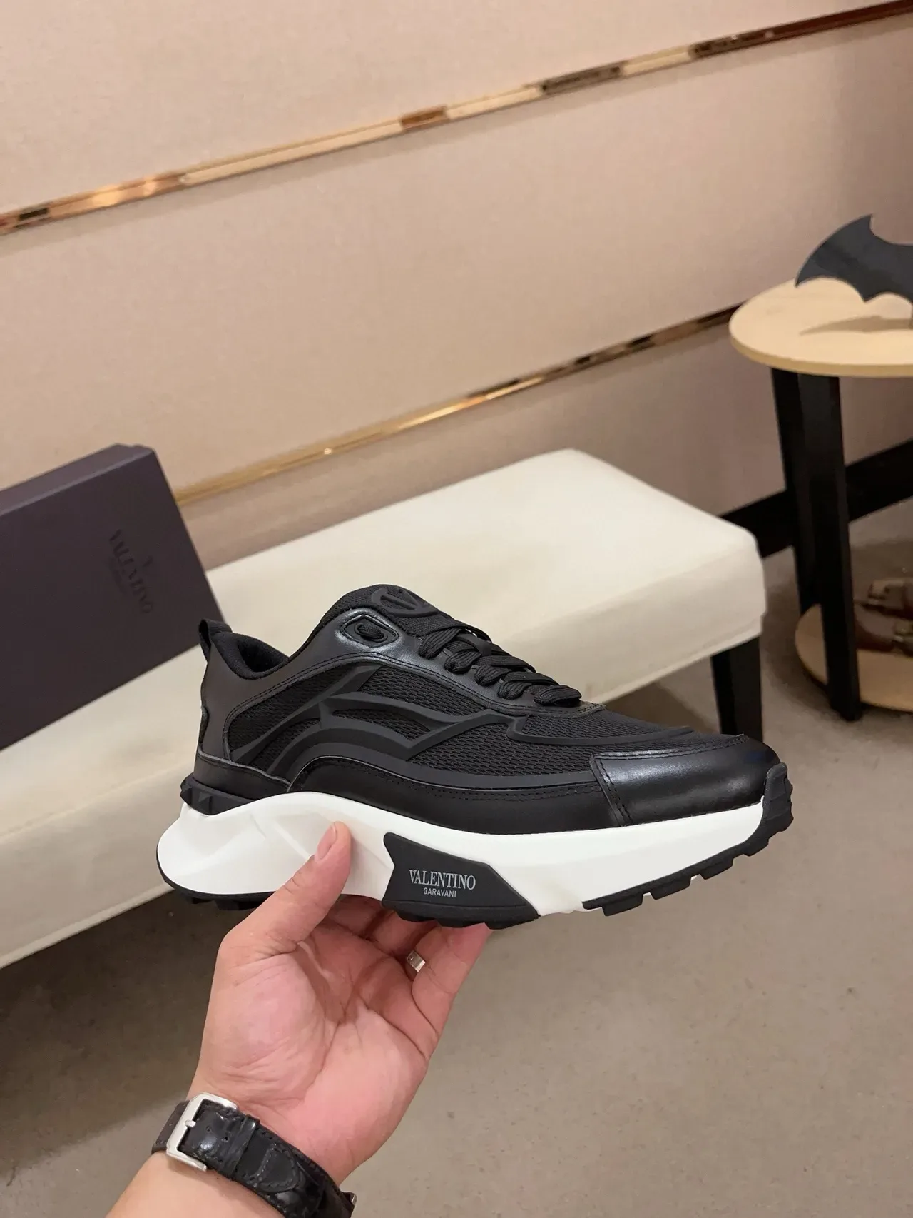 Valentino Black White Sole Mesh And Leather Upper Chunky Sneakers 5