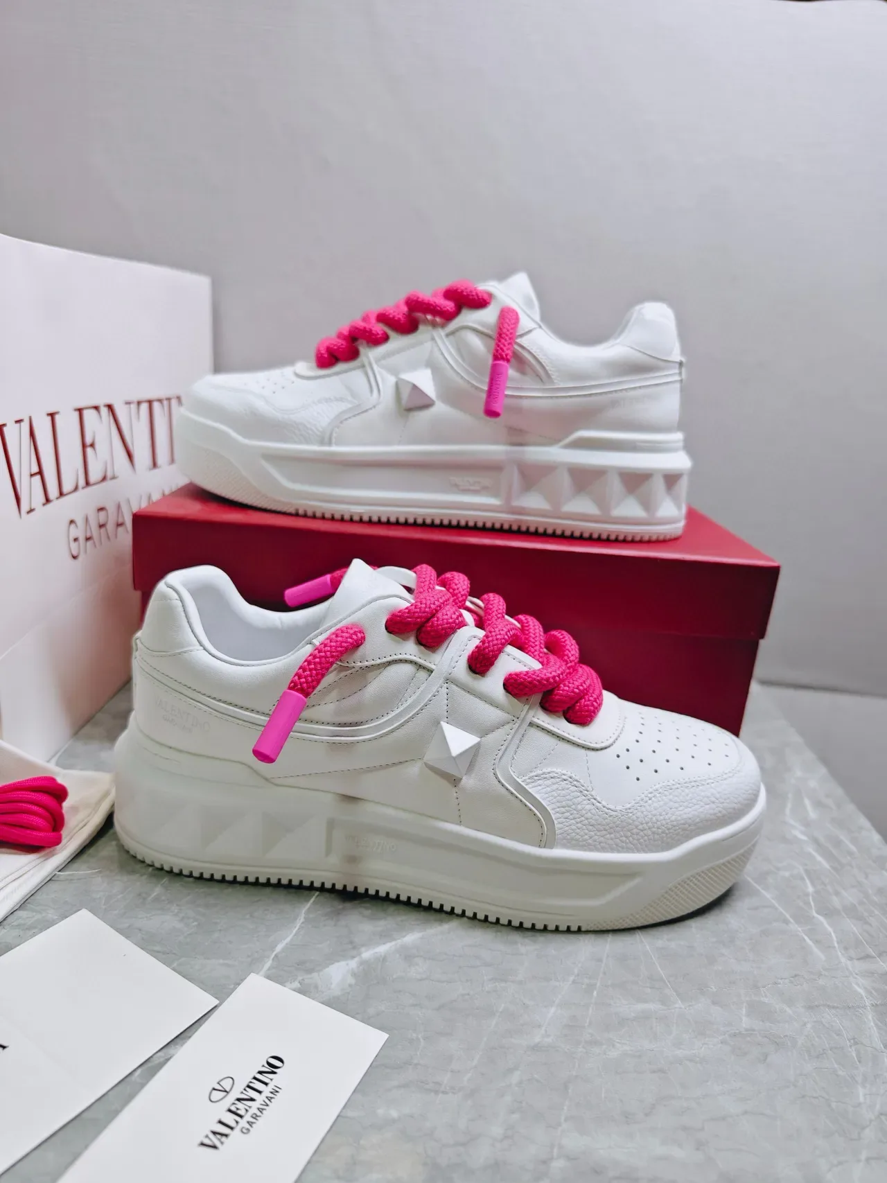 Valentino One Stud White Pink Leather Perforated Toe Lifestyle Sneakers 2