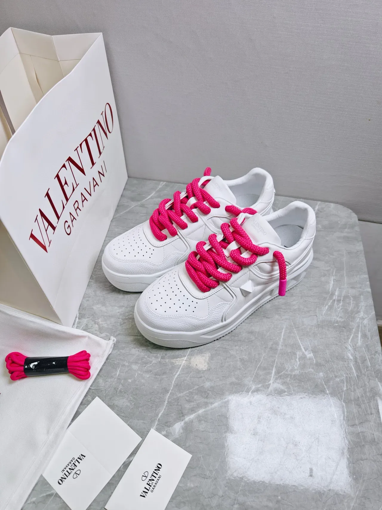 Valentino One Stud White Pink Leather Perforated Toe Lifestyle Sneakers 3