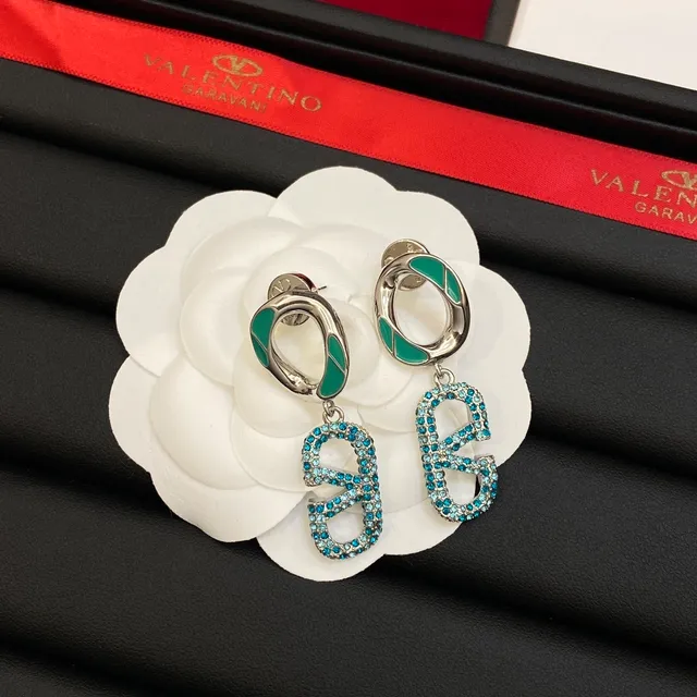 Valentino Pink Blue Enamel-Accented Double-Loop Pavé-Crystal V-Shaped Pendant Earrings 2
