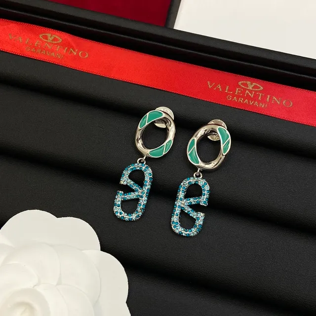 Valentino Pink Blue Enamel-Accented Double-Loop Pavé-Crystal V-Shaped Pendant Earrings 3