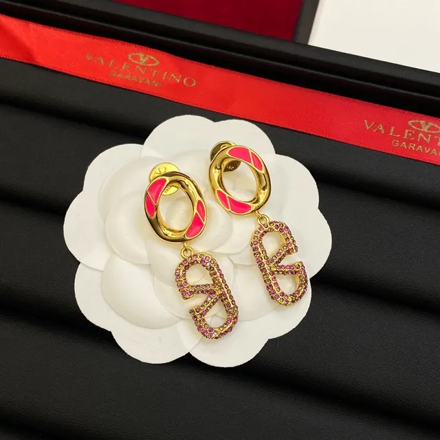 Valentino Pink Blue Enamel-Accented Double-Loop Pavé-Crystal V-Shaped Pendant Earrings 4