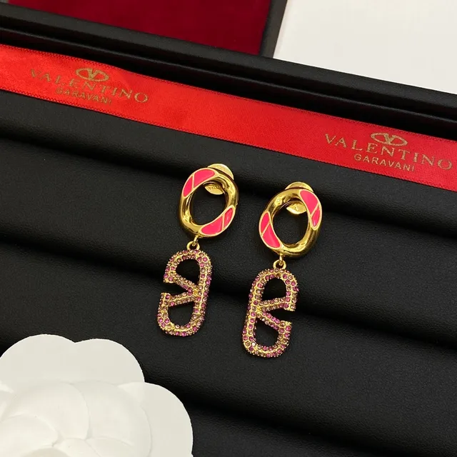 Valentino Pink Blue Enamel-Accented Double-Loop Pavé-Crystal V-Shaped Pendant Earrings 5