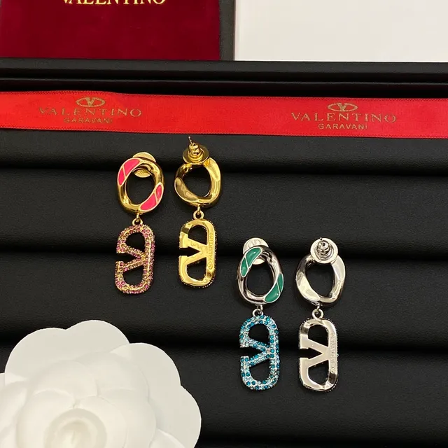 Valentino Pink Blue Enamel-Accented Double-Loop Pavé-Crystal V-Shaped Pendant Earrings 6