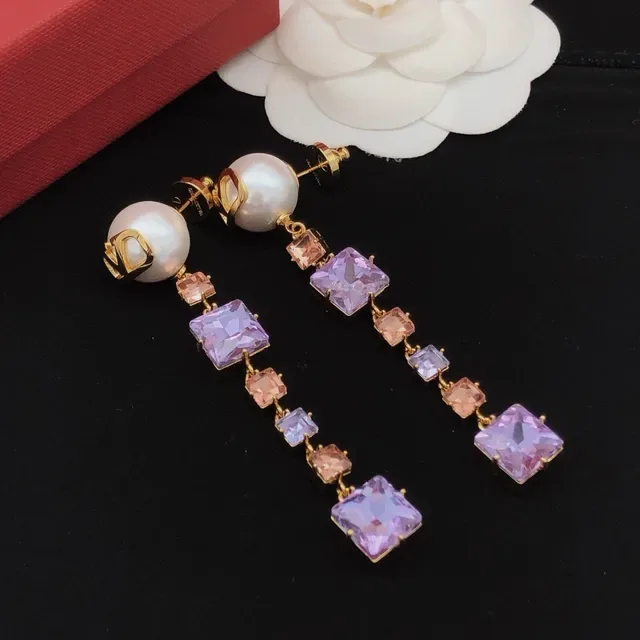 Valentino Purple Gold Pearl Stud VLogo Monogram Earrings 3