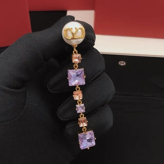 Valentino Purple Gold Pearl Stud VLogo Monogram Earrings 6
