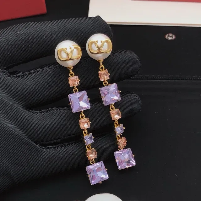 Valentino Purple Gold Pearl Stud VLogo Monogram Earrings 7