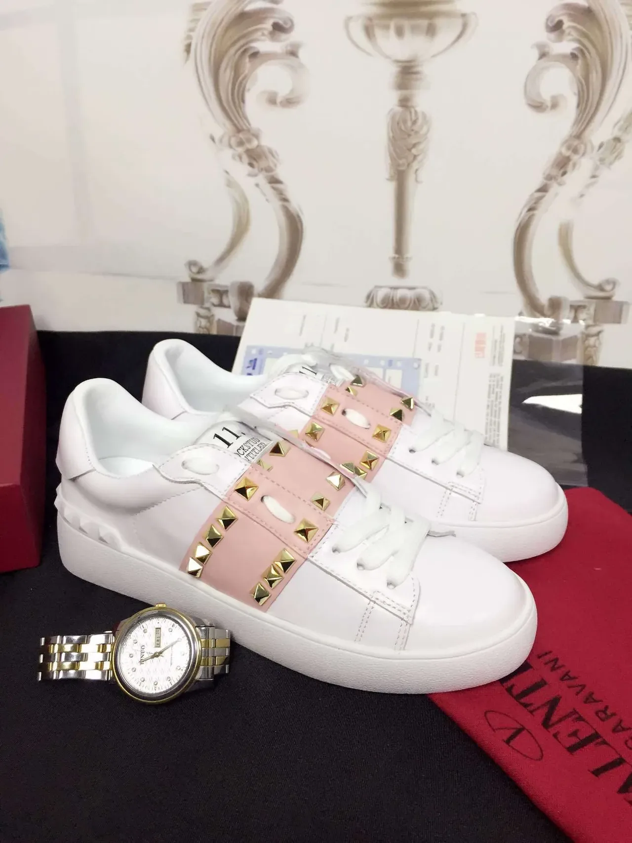 Valentino Rockstud Untitled White and Pink Stud Strap Lifestyle Sneakers 4
